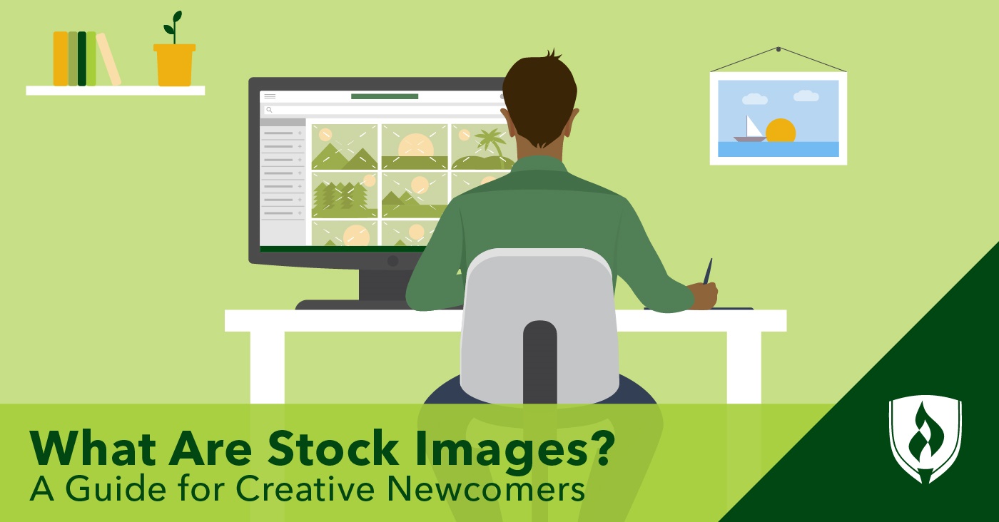 illustration of a designer working on a laptop looking at stock photos represneting what are stock photos