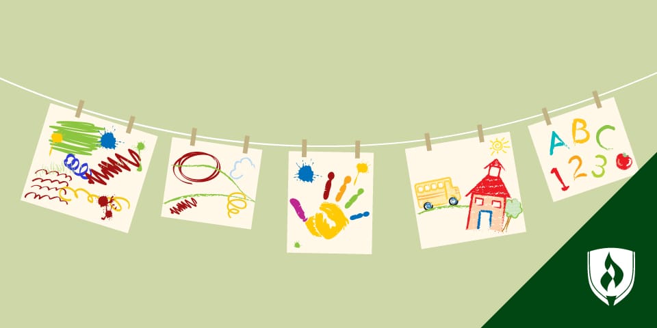 illustration of children's finger paintings hanging on a laundry line