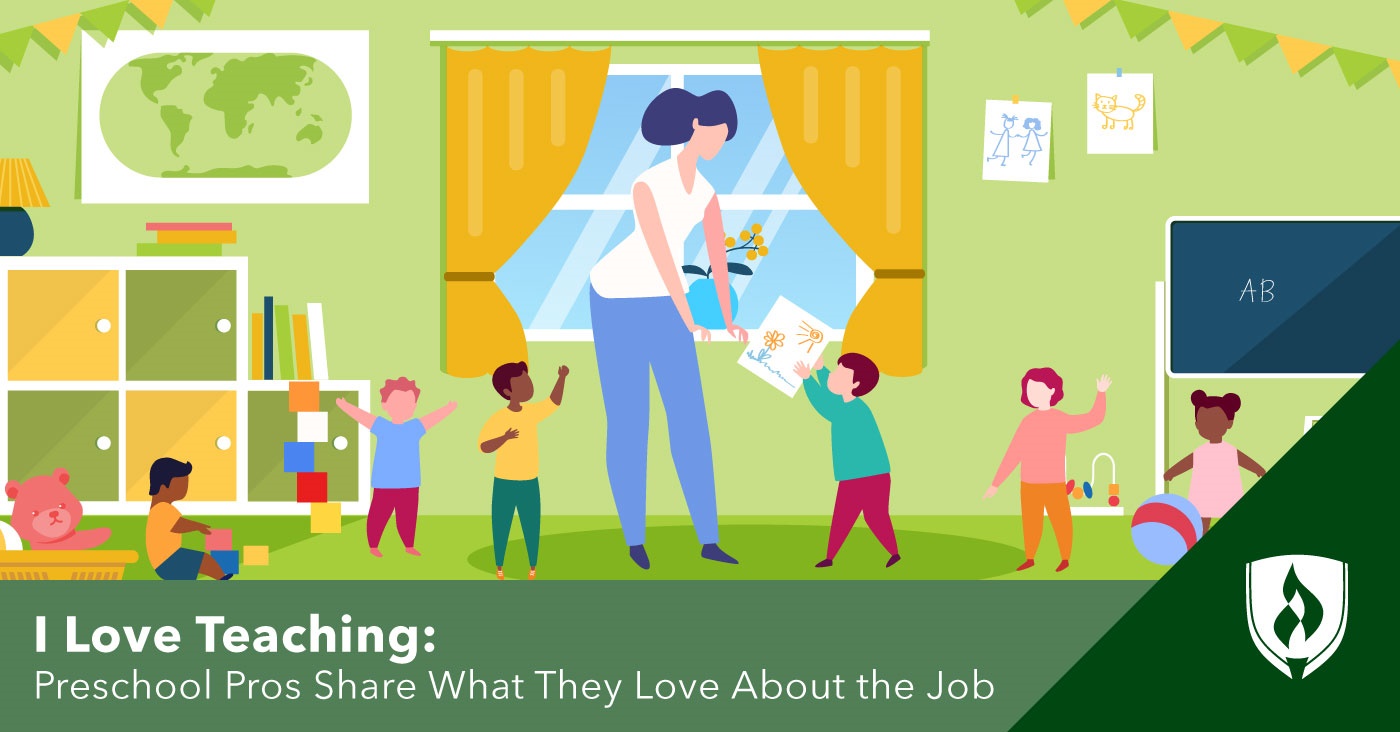 illustration of a preschool teacher with children in a classroom representing i love teaching