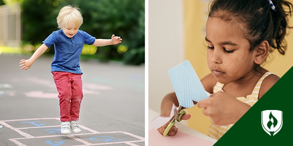 photo of a kid playing hopscotch and another kid cutting with scissors representing motor skills in young children