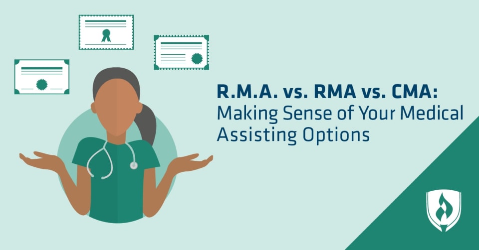 Illustration of a medical assistant shrugging her shoulders weigh between rma vs. rma vs. cma