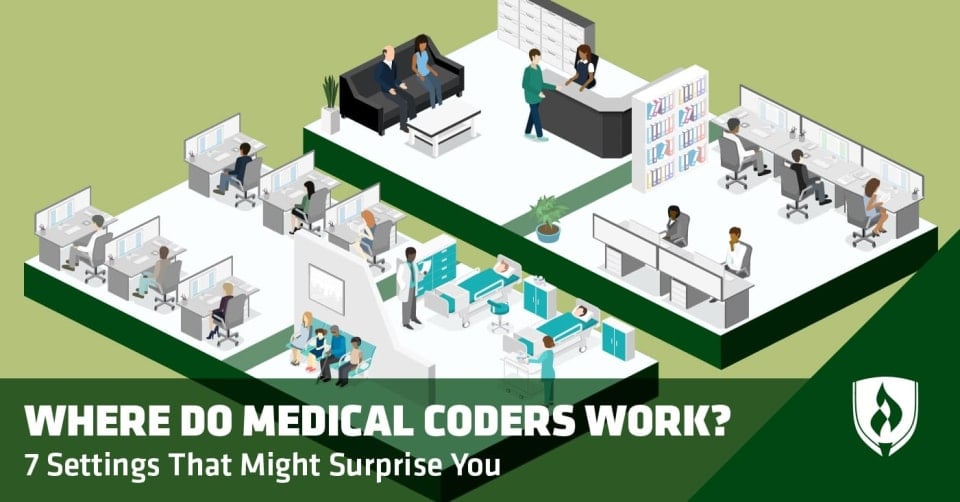 illustration of medical coder work settings including a hospital, office space and reception desk