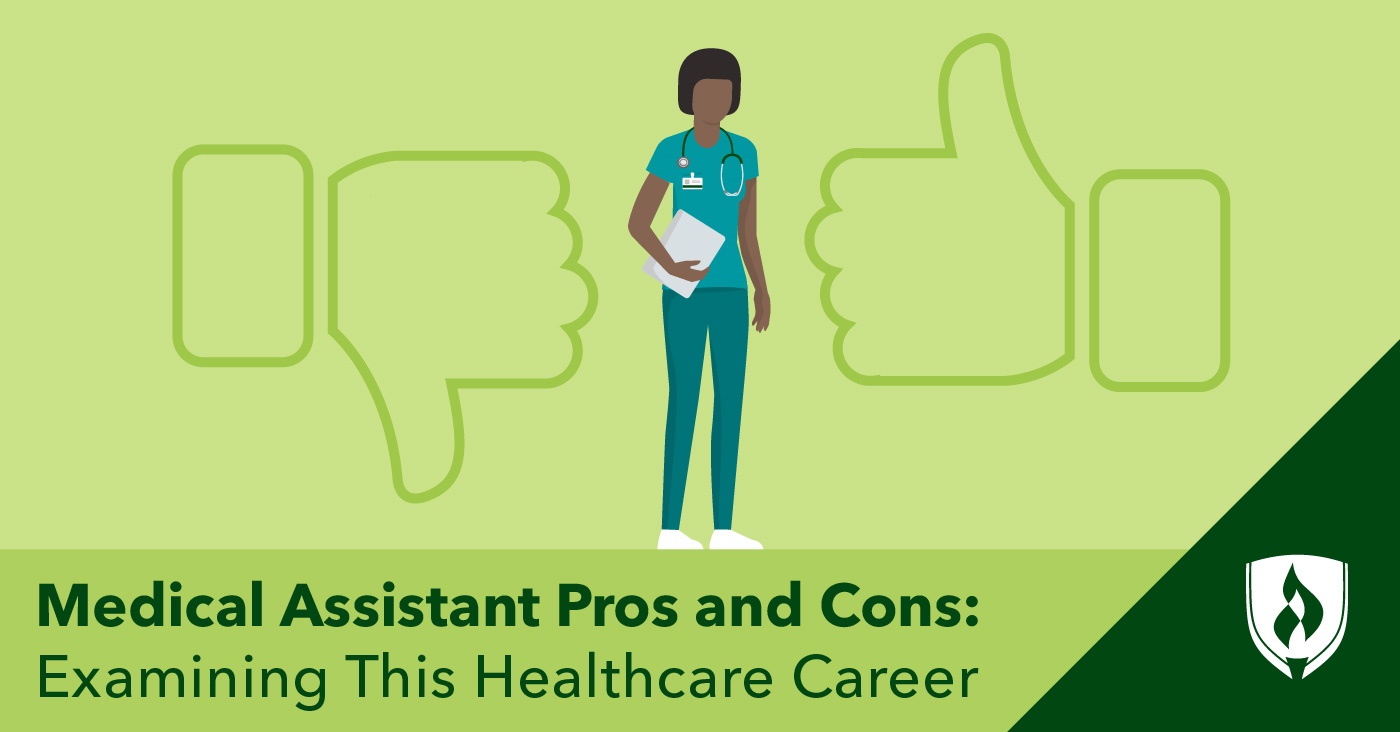 illustration of a medical assistant with a thumbs and up and a thumbs down representing medical assistant pros and cons