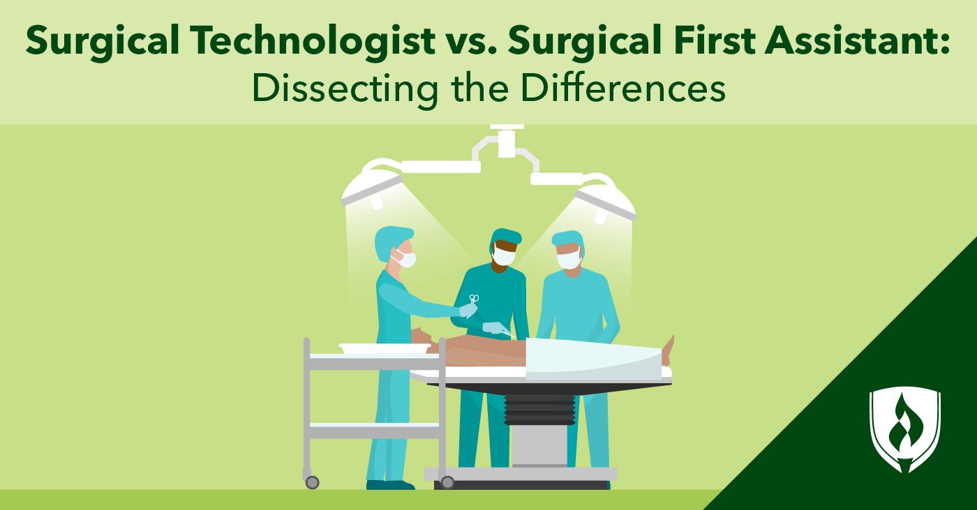 illustration of a surgical first assist and surgical tech and surgeon working in the OR representing surg tech vs surgical first assist