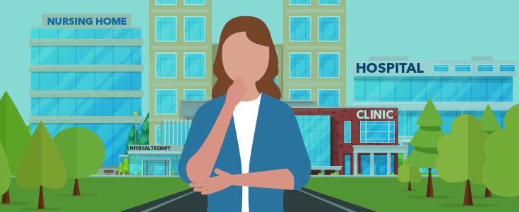 graphic illustration of female thinking on road with healthcare buildings behind her