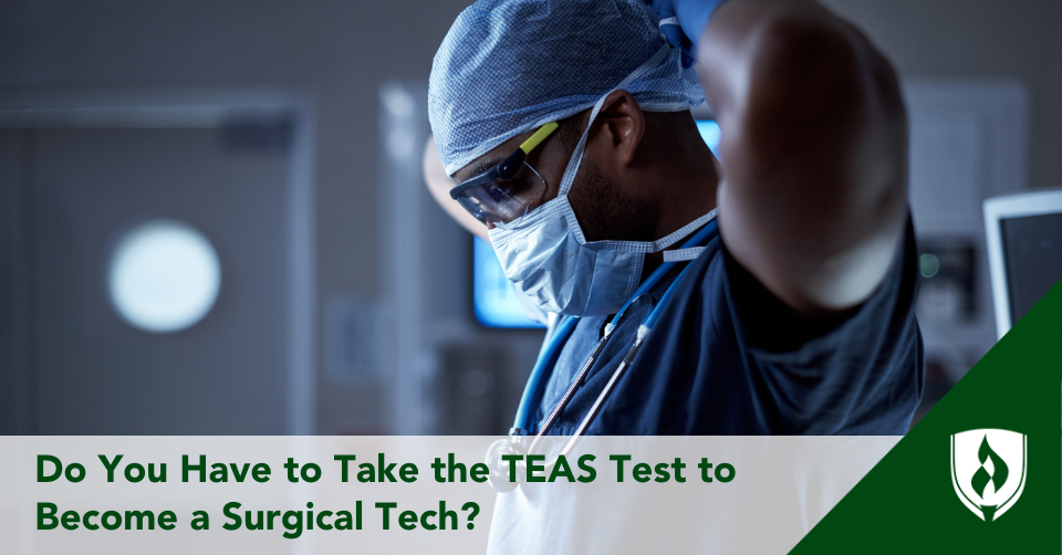 A surgical technologist ties his face mask on
