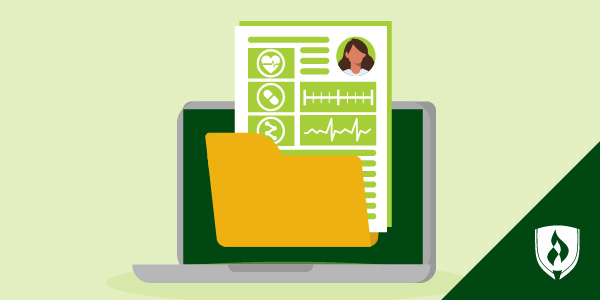 A green medical record pops out of a computer screen