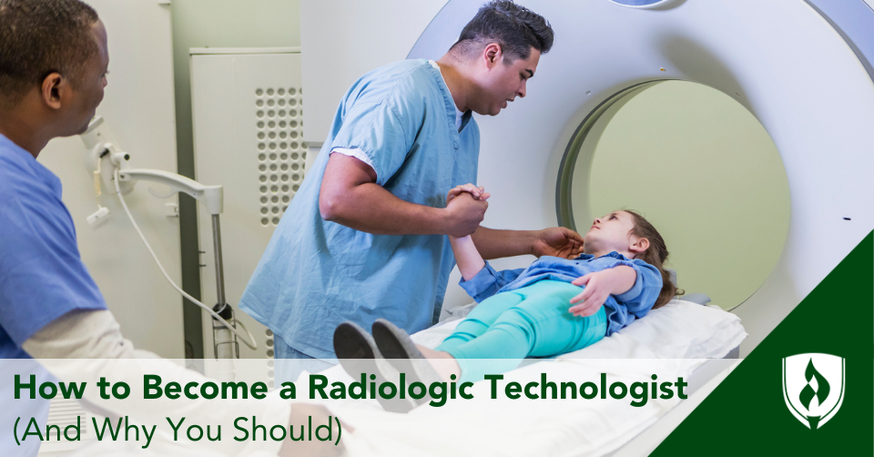 A radiologic technologist comforts a child as she is about to get her scan