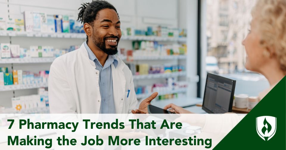 pharmacy trends header A pharmacy technician talks with a patient