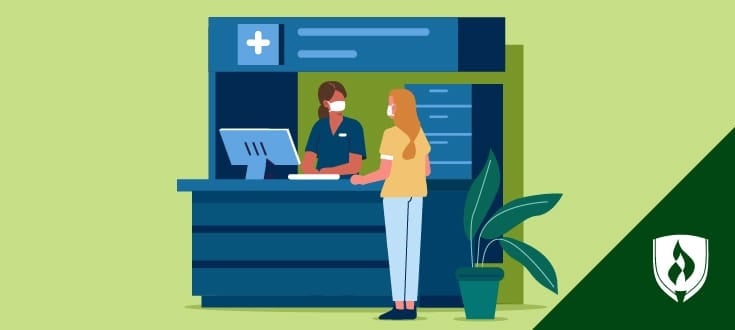 illustration of a medical administrative assistant helping a patient at a desk