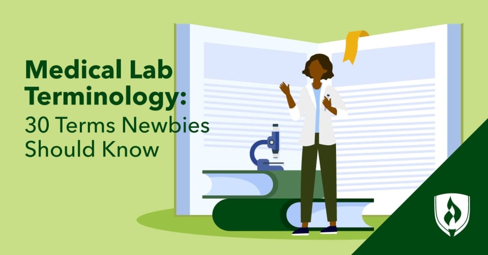 illustration of a medical lab professional with glossary behind them representing medical lab terminology