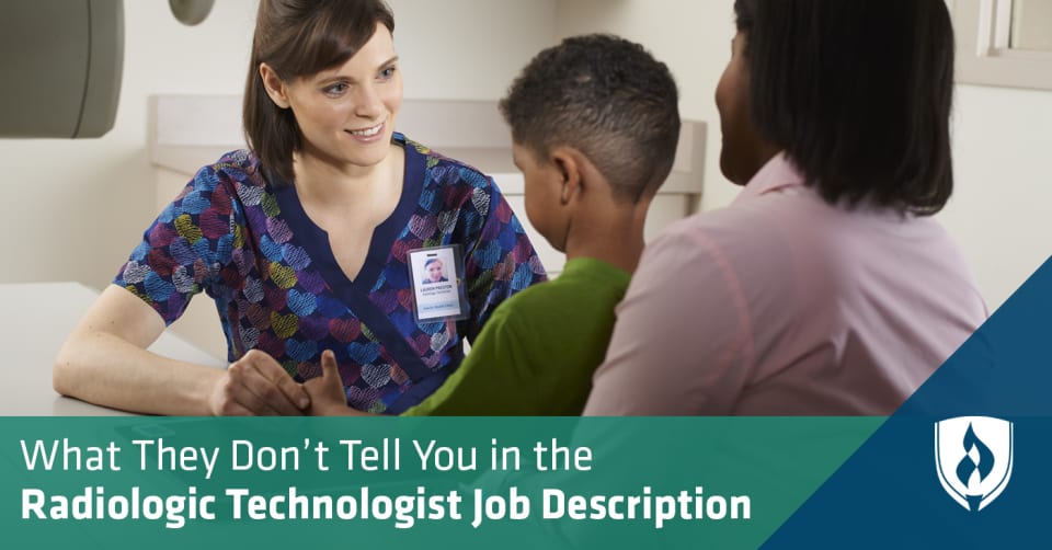 female radiologic technologist talking to a boy and his mom