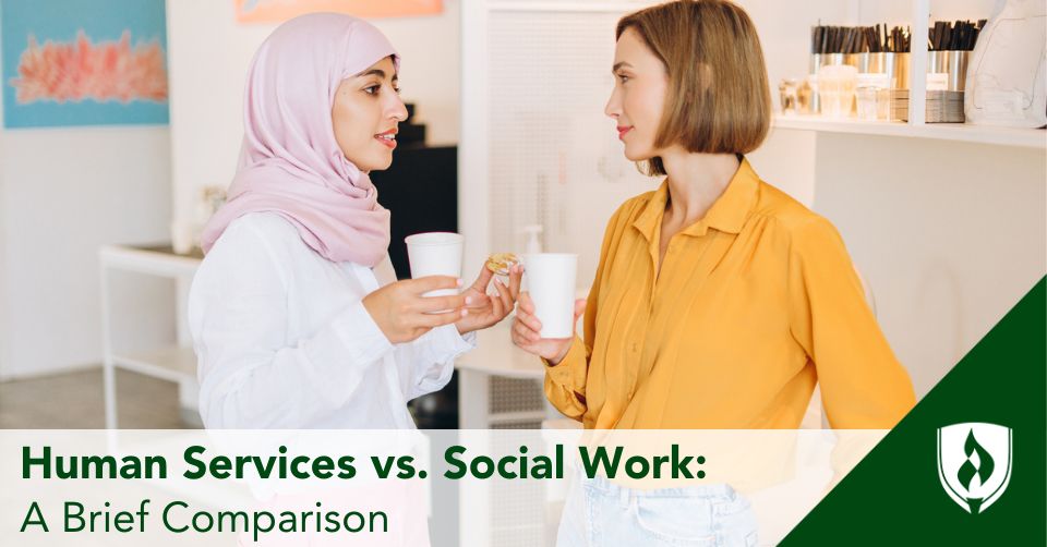 A social worker and social services assistant talk in their office