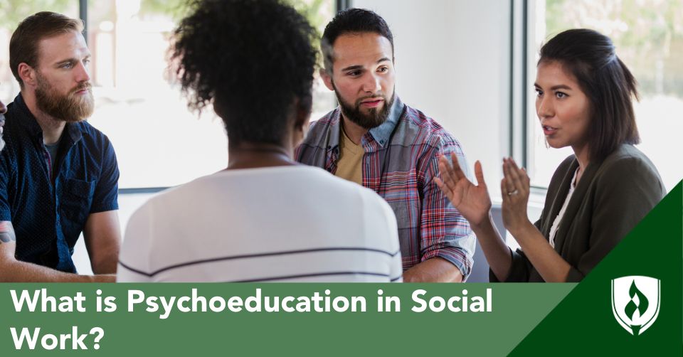 psychoeducation header A human services assistant educates a group of people about symptoms