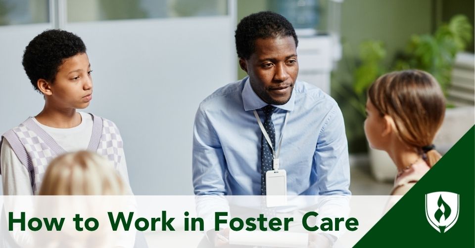 A foster care case manager meets with a few children