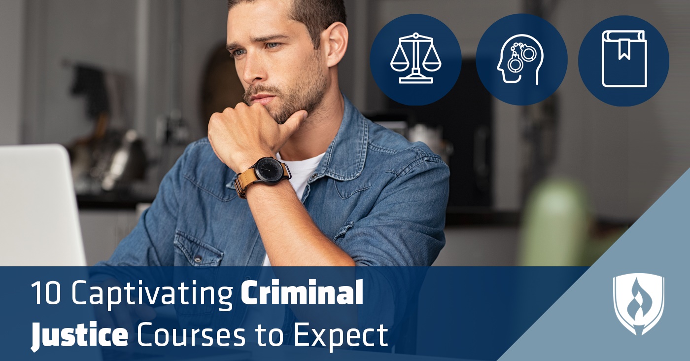 student working on a criminal justice course with justice icons on the right
