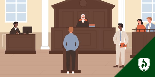 illustration of a courtroom with someone being sentenced representing homicide vs manslaughter