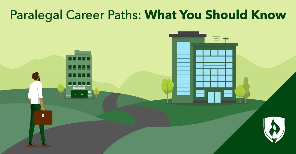 illustration of a paralegal walking on a path torwards work buildings representing a paralegal career path