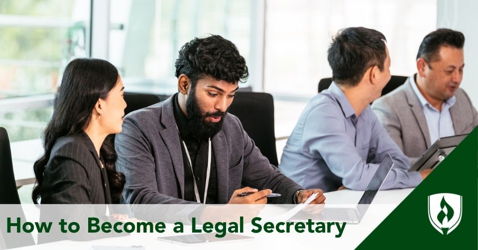 Become a legal secretary header A legal secretary smiles and points to an agenda item during the meeting