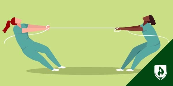 illustration of two nurses playing tug-of-rope representing adn vs bsn