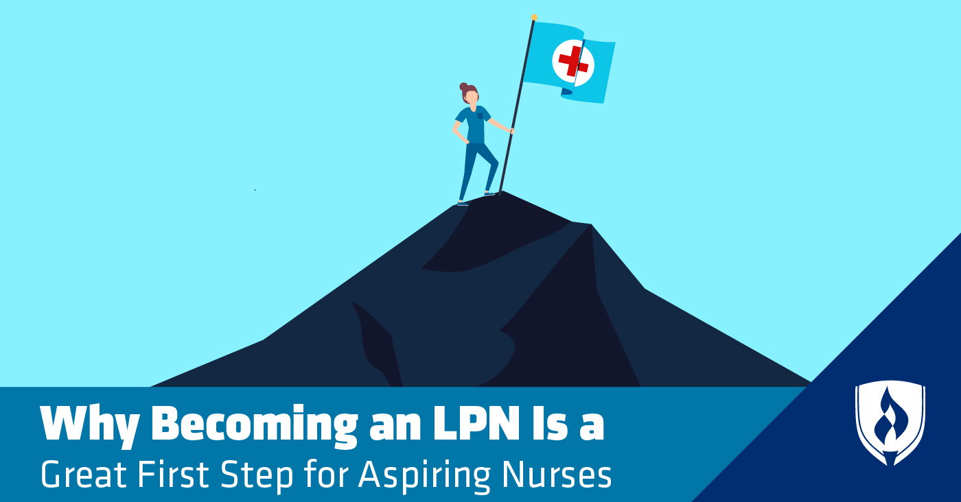 illustration of a nurse standing on a mountain with nursing flag