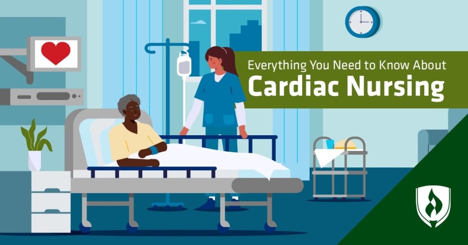 illustration of a cardiac nursing taking care of a cardiology patient with a heart monitor and an iv drip