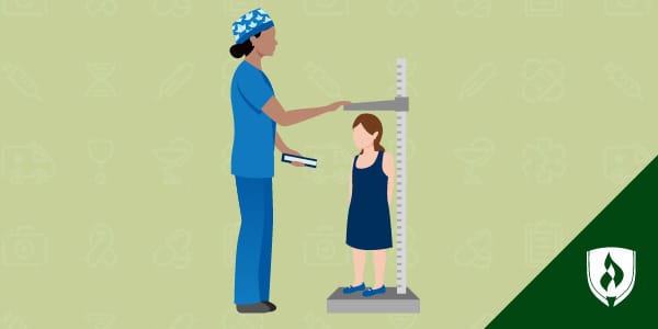 Illustration of a nurse measuring the height of a pediatric patient.