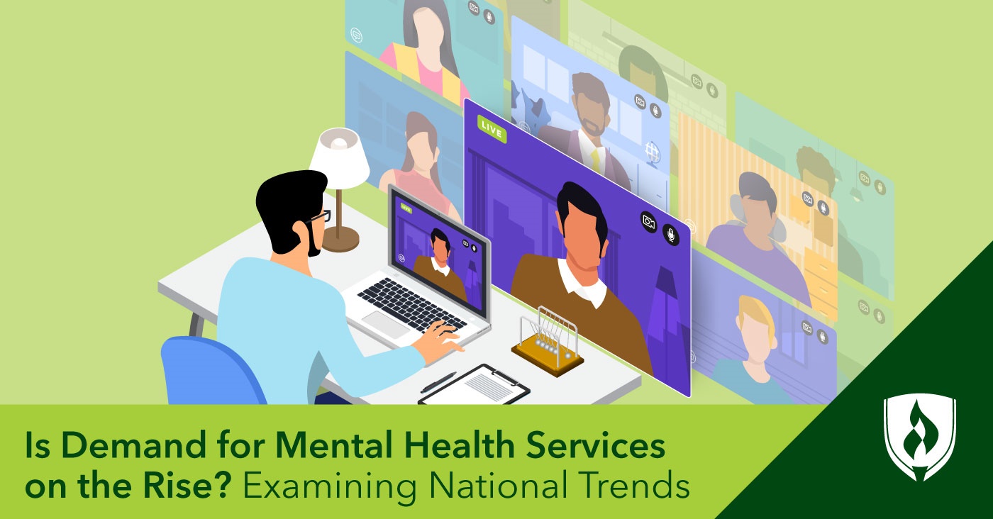 illustration of a mental health provider seeing a patient on telehealth while other patients wait in line behind representing the demand for mental health services