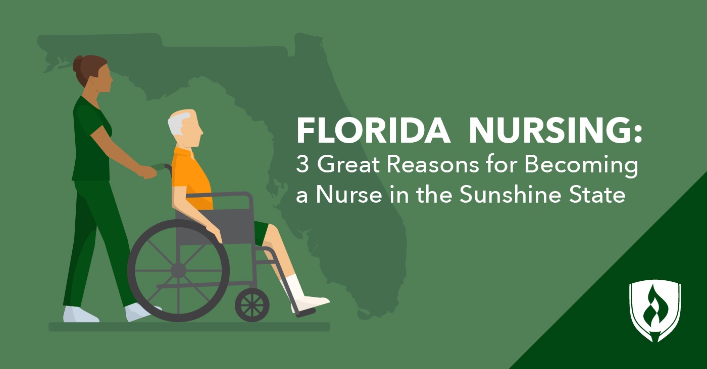 illustraiton of a nurse pushing a patient in a wheelchair with the shape of florida state in the background