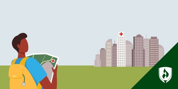 illustration of a travel nurse in scrubs with a map looking for a hosptial in a city representing how to become a travel nurse