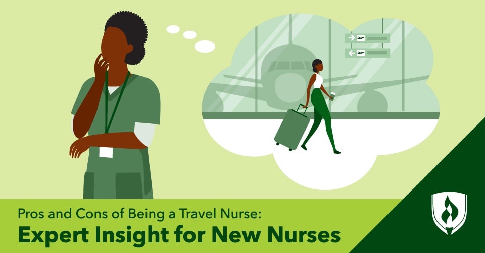 illustration of a nurse in scrubs imaging herself in an airport with luggage representing pros and cons of being a travel nurse