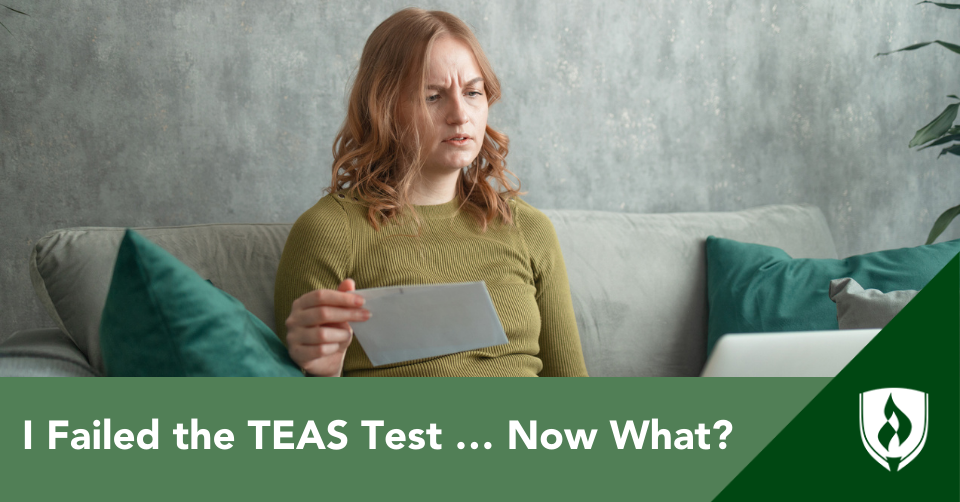 A woman sits at her computer, reviewing her TEAS test results and looking concerned