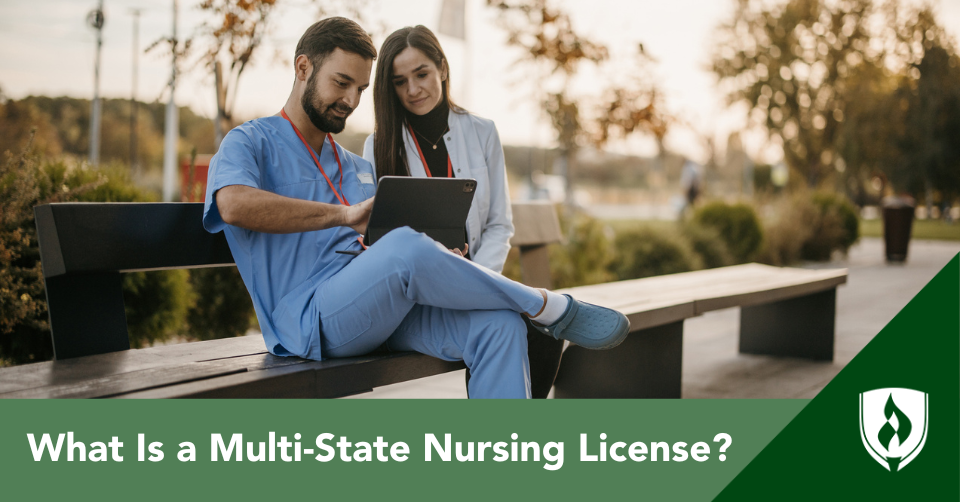 A nurse and nurse practitioner sit on a bench looking at multistate licensure information