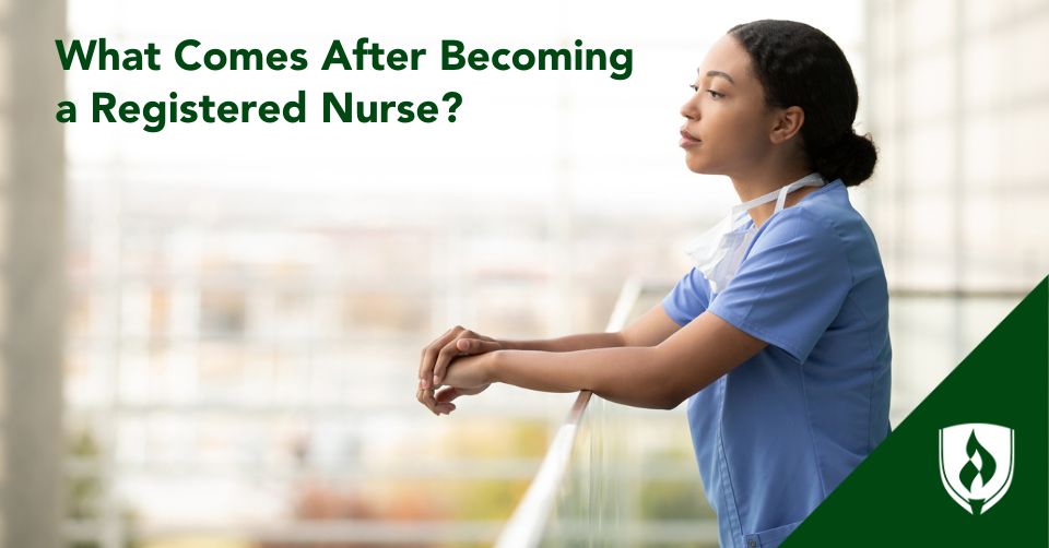 After becoming RN header A nurse looks out over the hospital courtyard