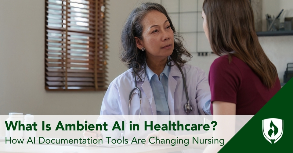 A nurse practitioner meets with a patient as ambient AI takes a transcript.