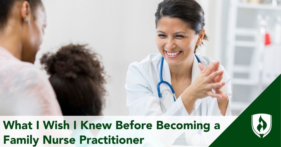 A family nurse practitioner laughs with two patients