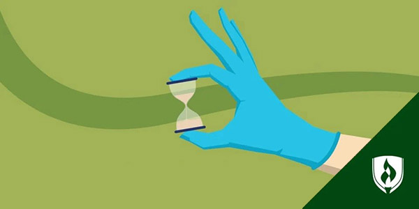 illustration of hand wearing blue glove holding small hourglass