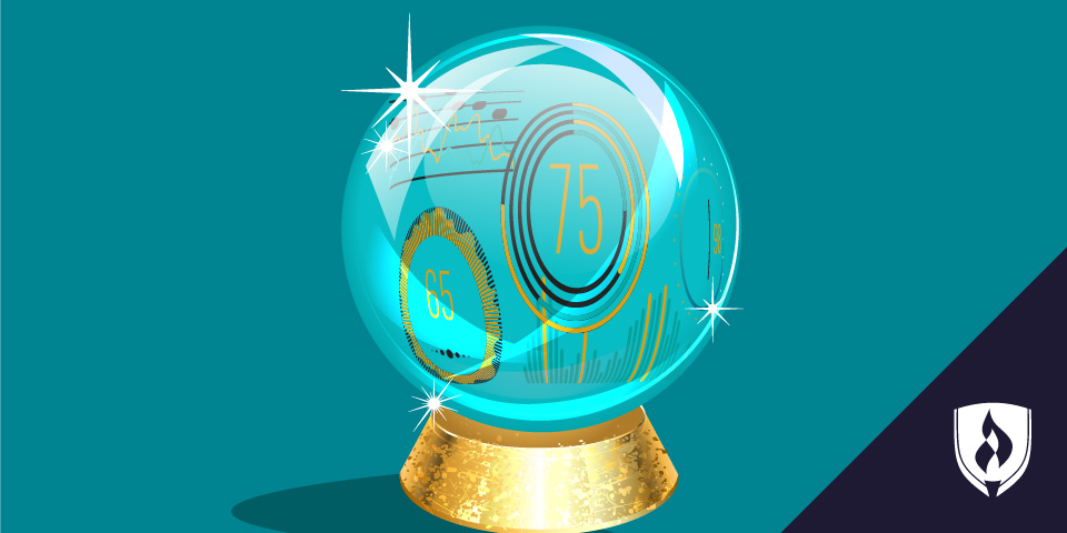 illustrated crystal ball with charts, graphs and data inside