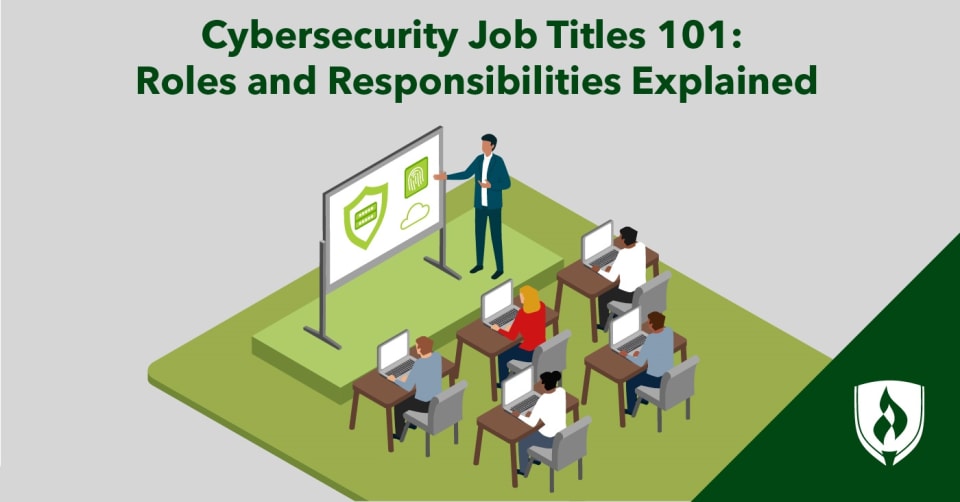 illustration of cyber security professionals with cyber security job titles sitting at desks