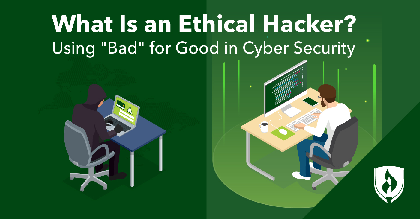 Illustrated split panel image with depictions of 'good guy' and 'bad guy' hackers on each side.