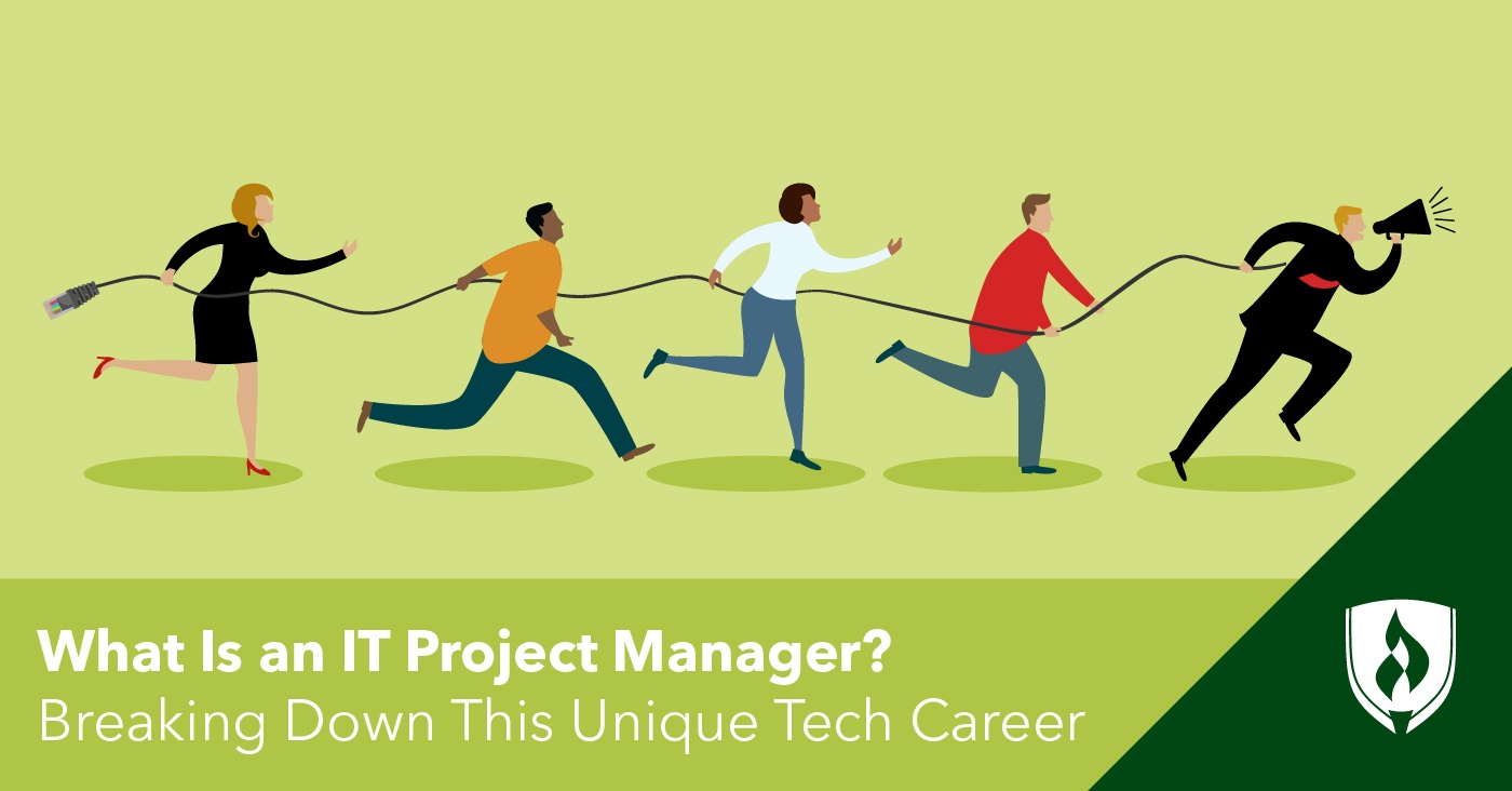 illustration of an it team running with the it project manager leading the way