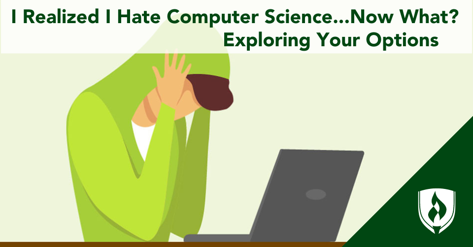A computer science student with brown hair and a lime green hoodie holds their head in their hands over a computer