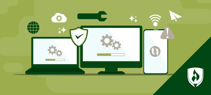 illustration of a laptop, computer or phone with different information technology symbols