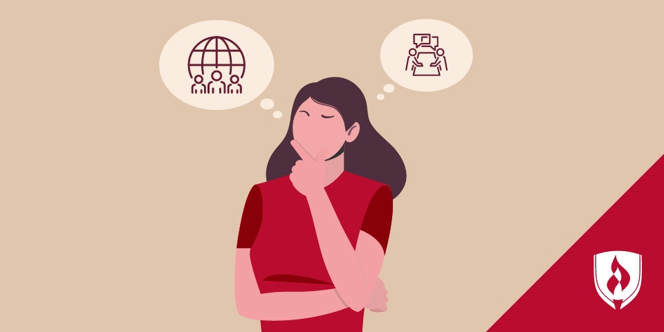illustration of woman thinking with two human resources icons above her head