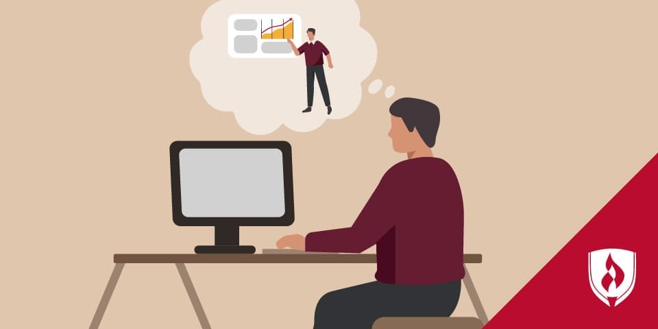illustration of man working at computer but envisioning himself presenting a sales pitch