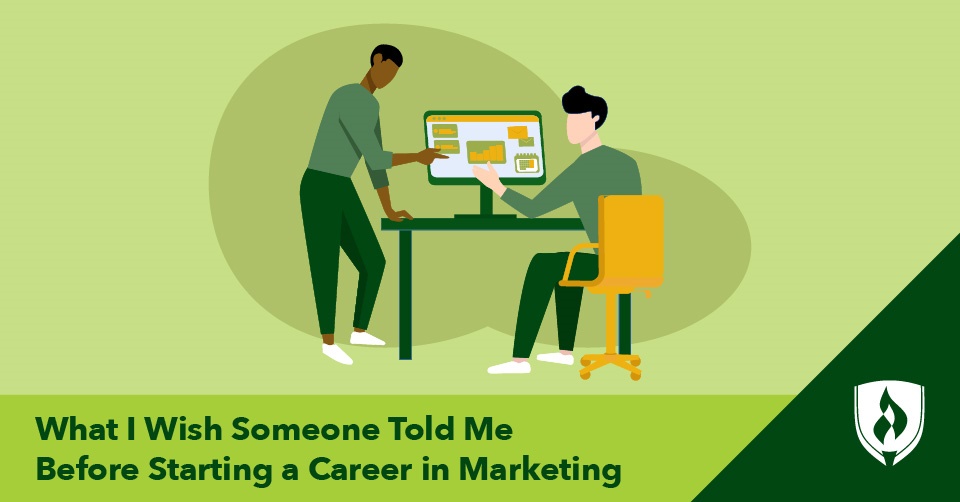 illustration of two people working at a computer representing starting a career in marketing
