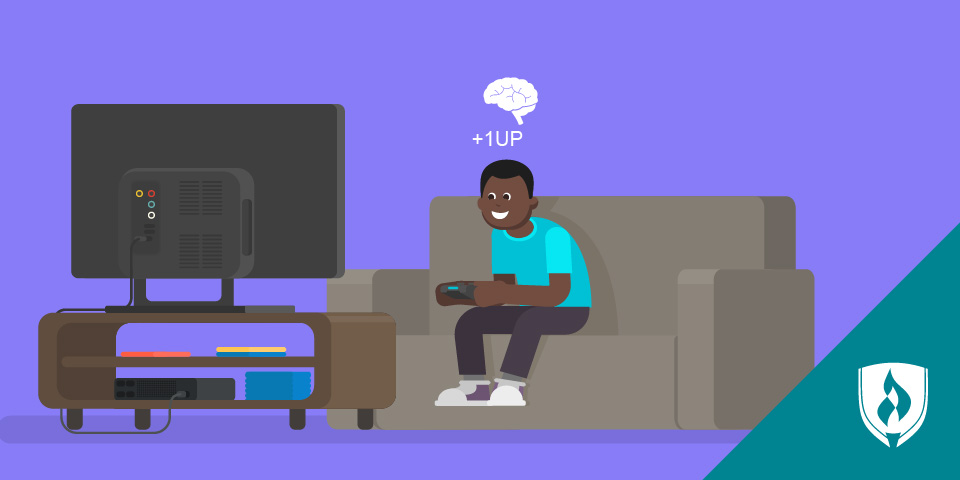 illustrated boy in front of TV playing video game
