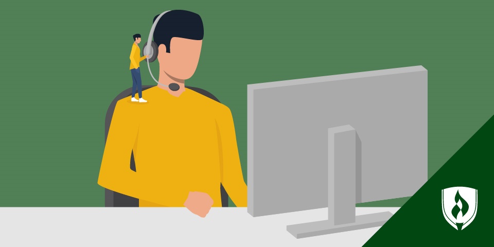 illustration of an it support professional with a mini me sitting on his shoulder representing working in it technical support