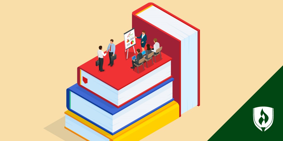 illustration of business students in a classroom on a stack of books