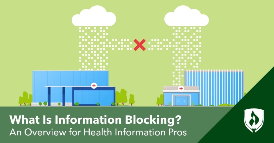 illustration of two hosptials trying to share information with a red x in the middle representing what is information blocking